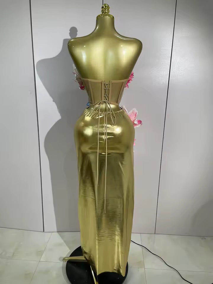 3D Flower Golden Mesh Top Bodycon Long Dress Two-Piece Set