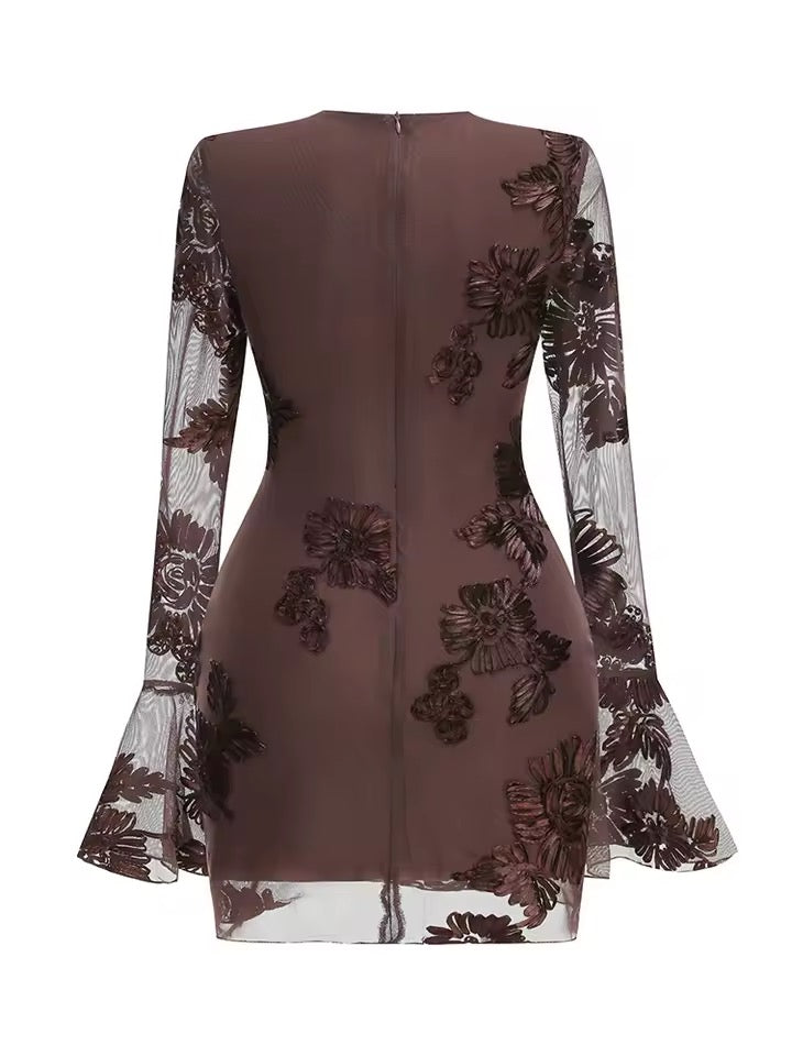 Cocktail Hour Elegance Chocolate Brown Floral Sheer Bell-Sleeve Mini Dress