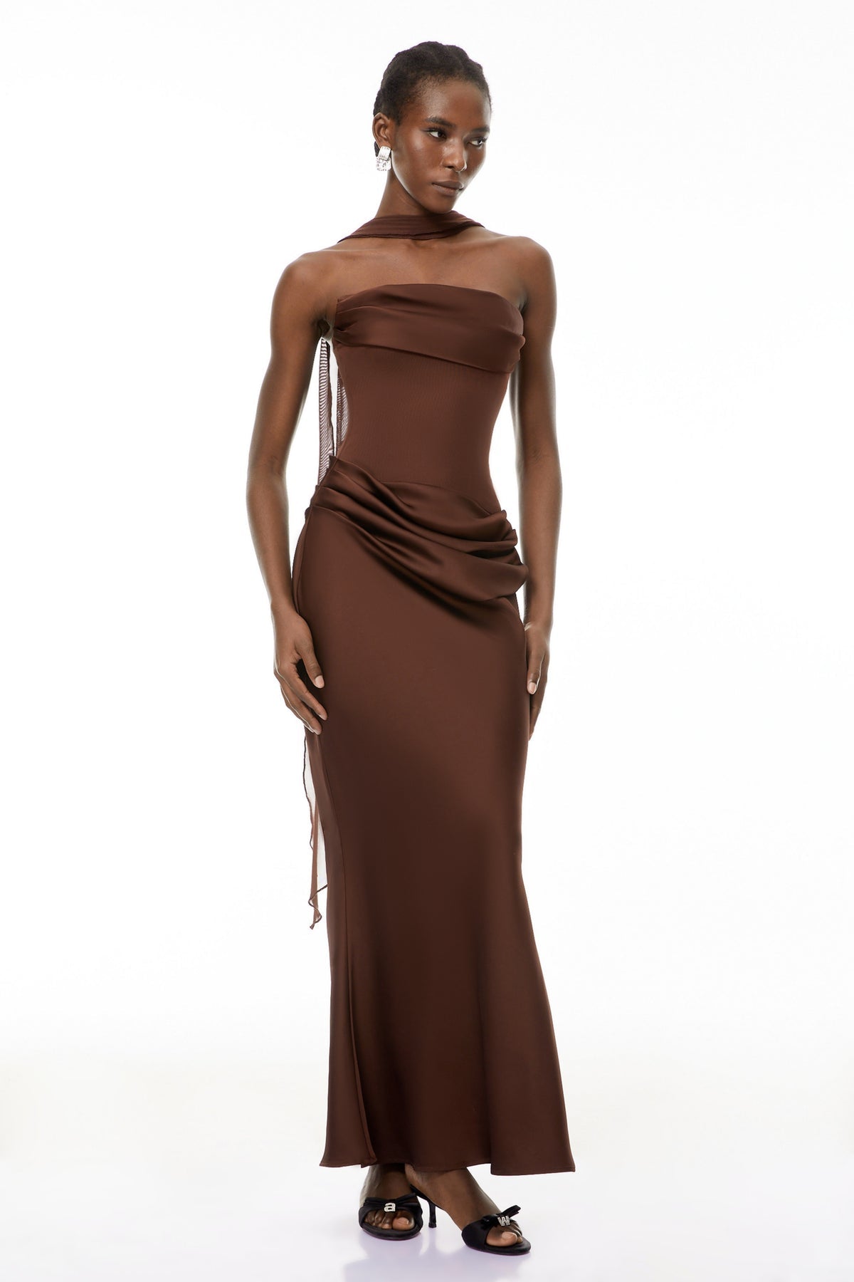 Brown Ruched Corset Maxi Dress (Without Gloves
