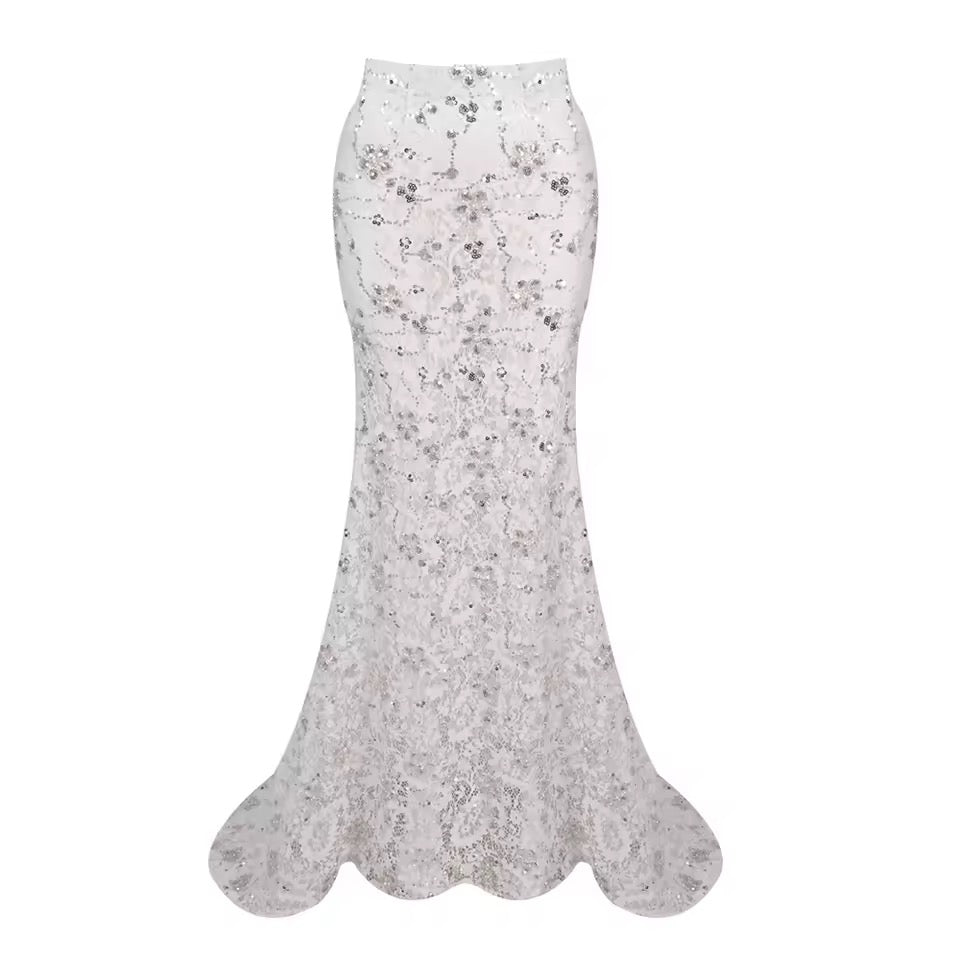 Diamond Backless Blazer Sequin See Through Lace Skirt set