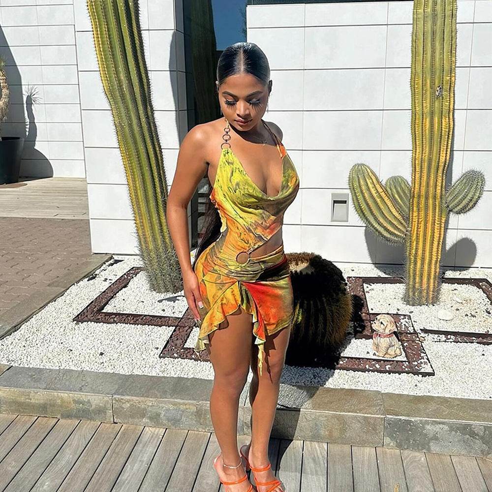 Mesh Floral Print Cropped Exposed Irregular Asymmetric Dress - REBECATHELABEL