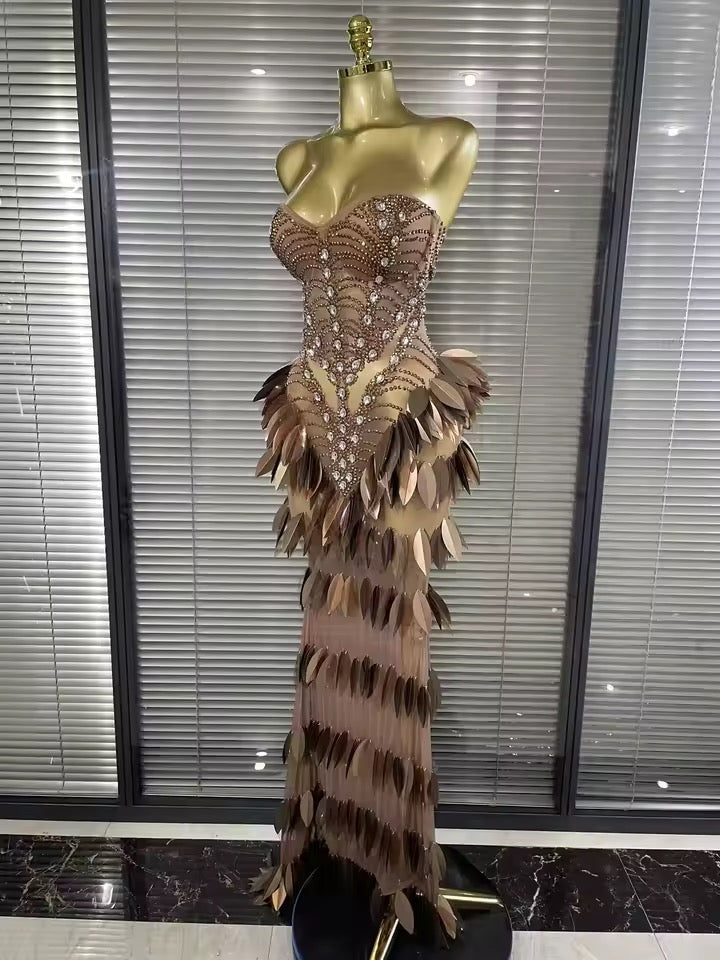 Strapless Mesh Maxi Long Sparkly Rhinestone dress