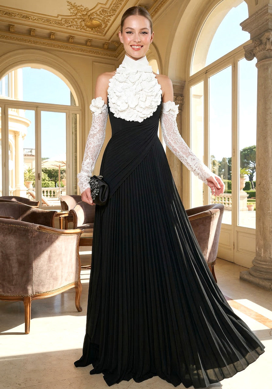 Halter Floral Pleated A Line Maxi Dress Black White