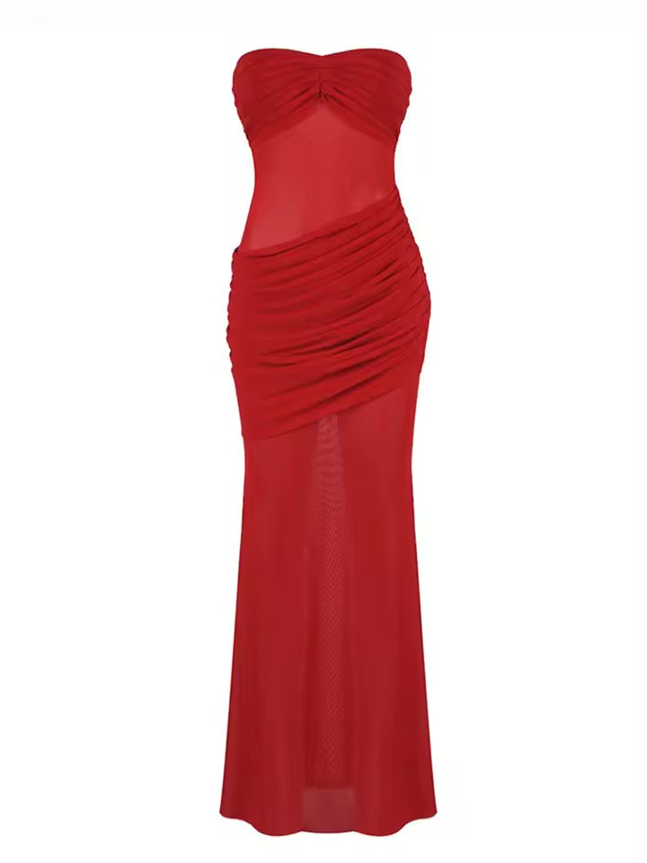 Strapless Mesh Patchwork Maxi Dress