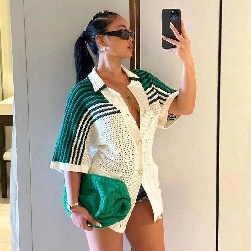 Contrast Crochet Short Sleeve Top - REBECATHELABEL