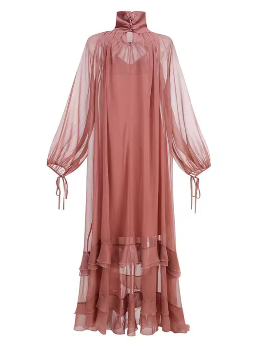 Mesh Perspective Folds Maxi Loose Dress