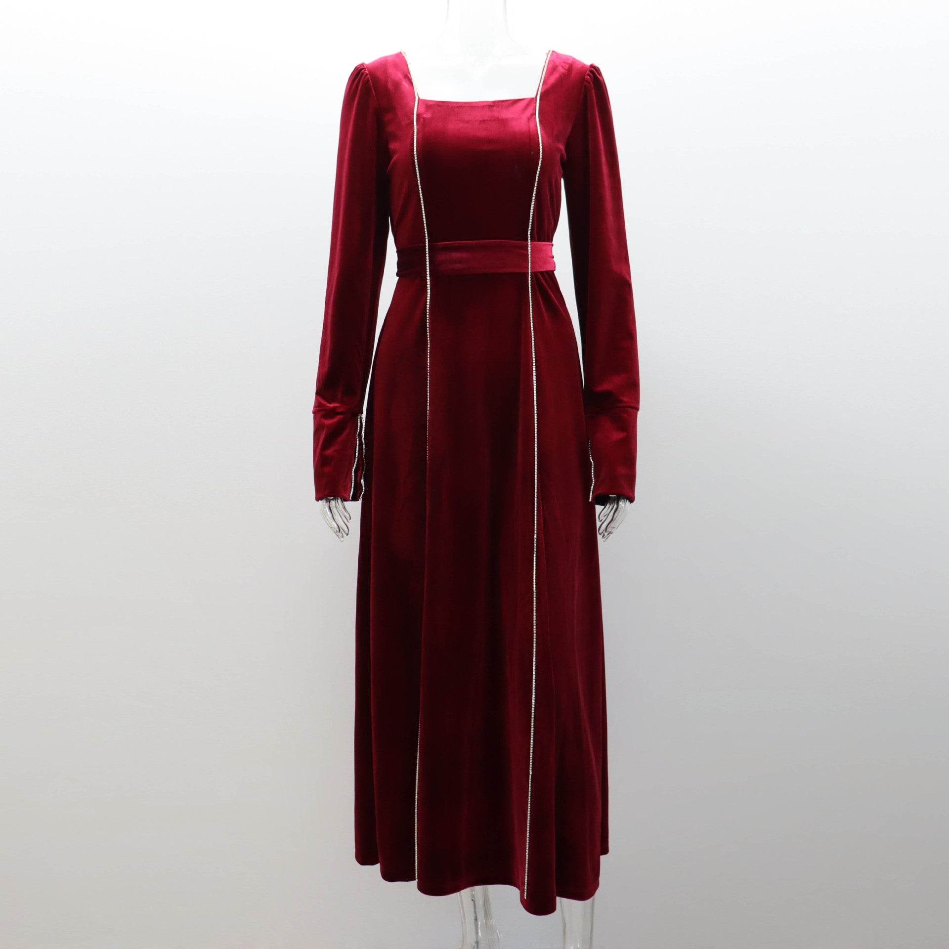 Korean Velvet Bell Sleeve Square Collar A line Dress - REBECATHELABEL