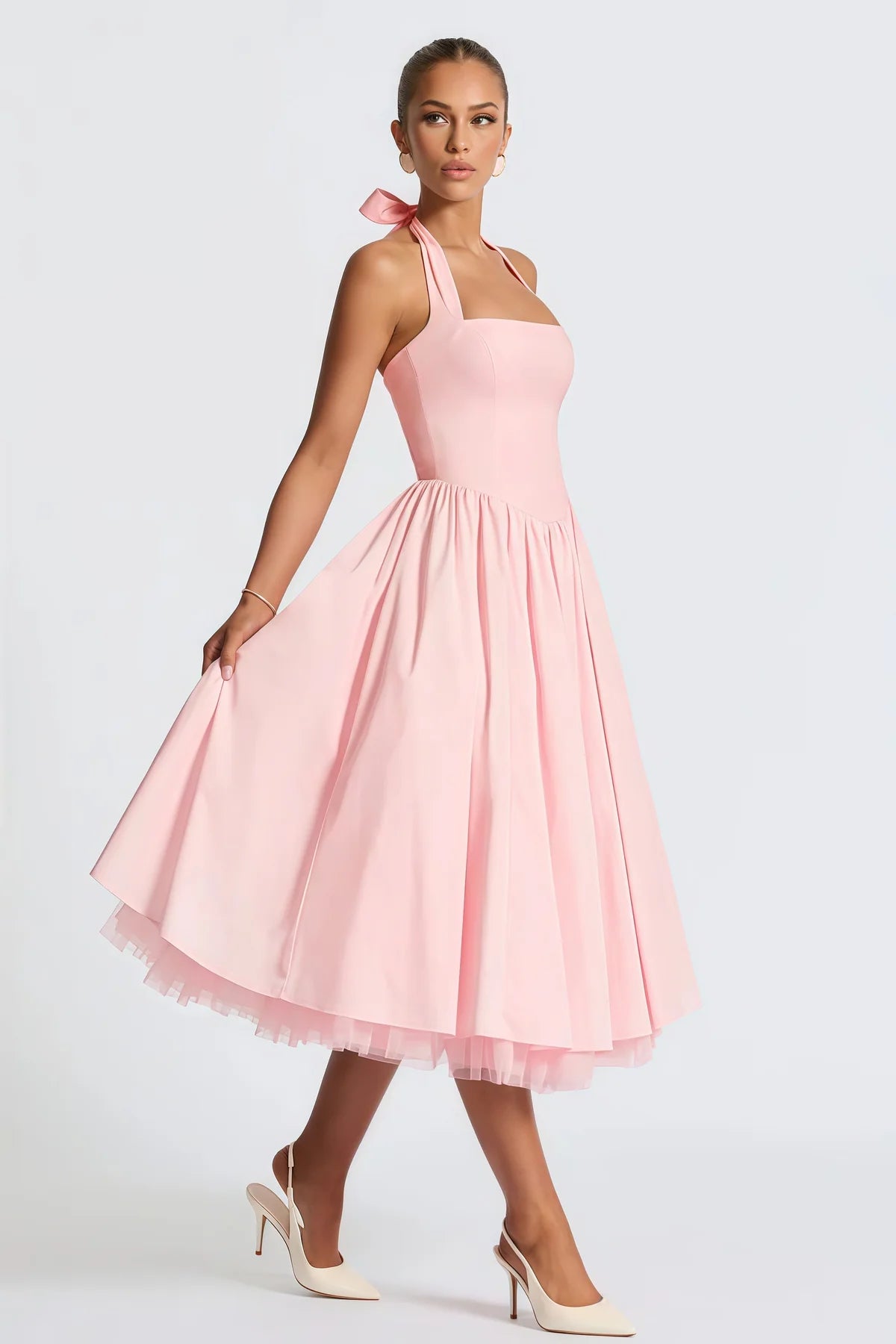 Pink Layered Flared Hem Midi Dress
