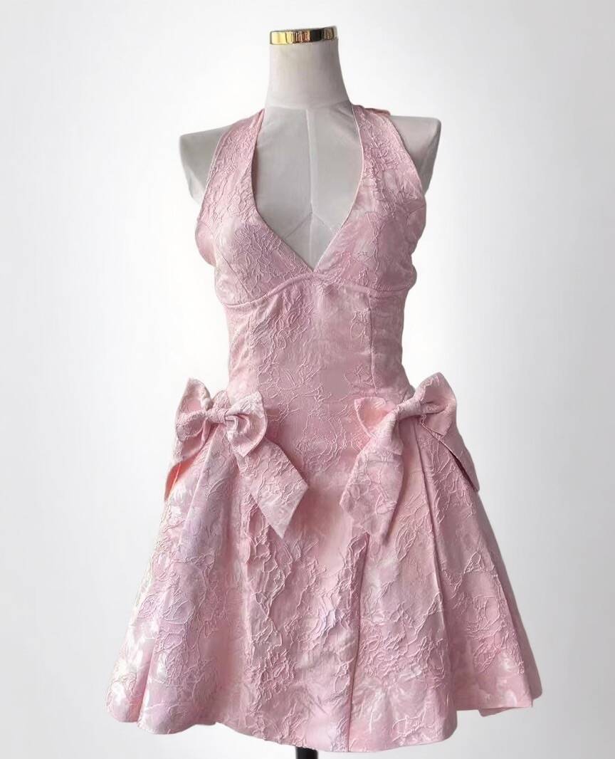 Jacquard Satin V Neck Halter Corset Mini dress