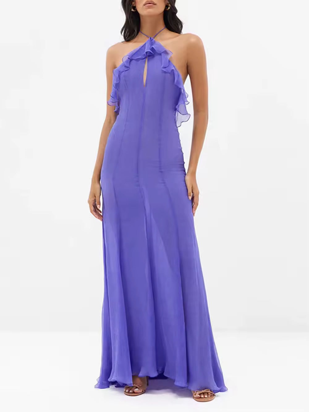 Chic Ruffles Hollow Out Halter Long Vacation Dress