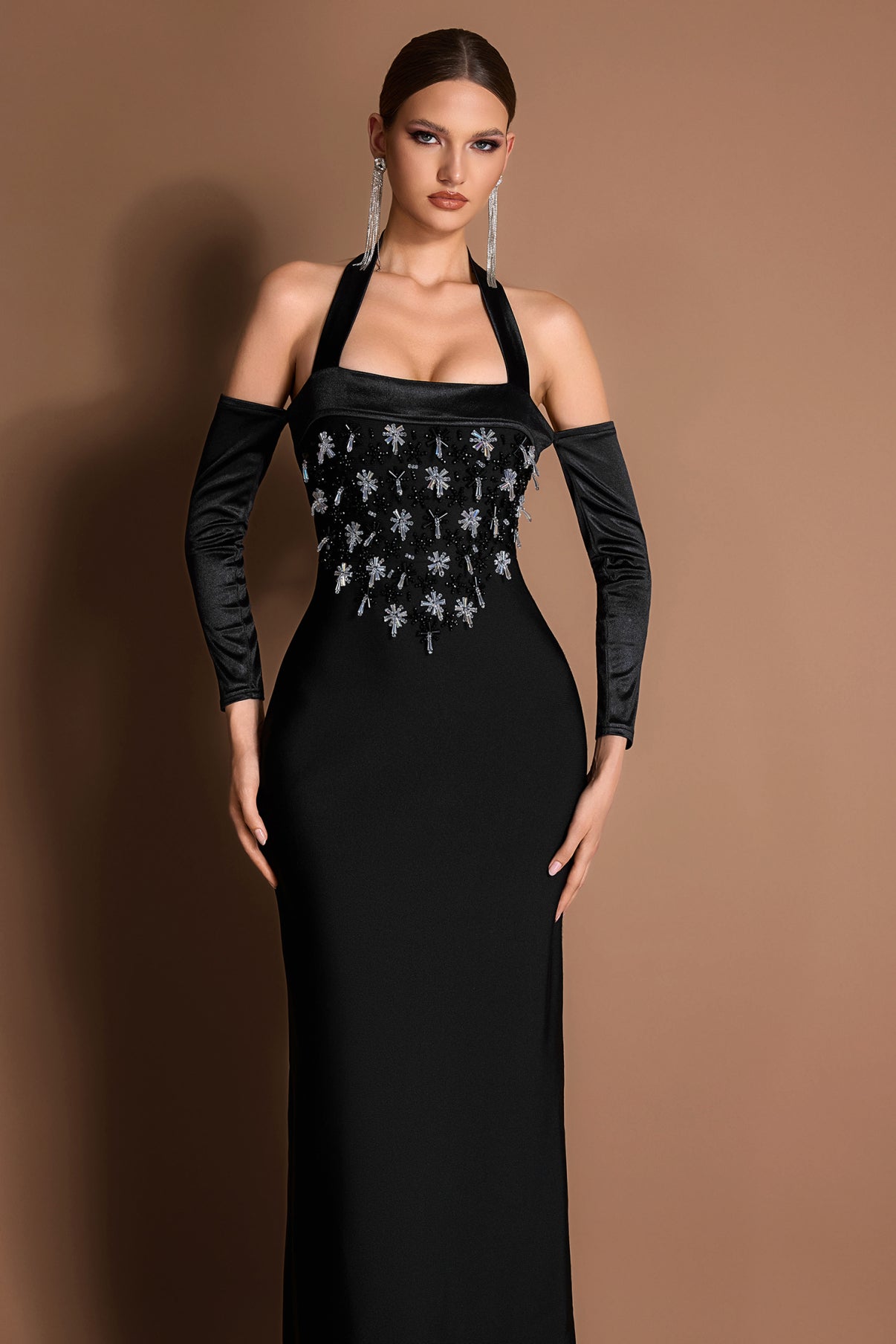 Bandage Rhinestone Halter Neck Maxi Dress