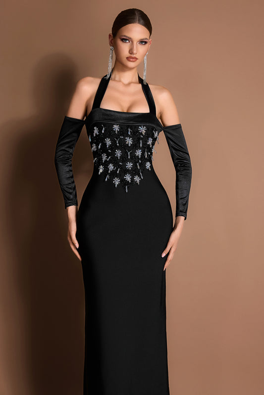 Bandage Rhinestone Halter Neck Maxi Dress