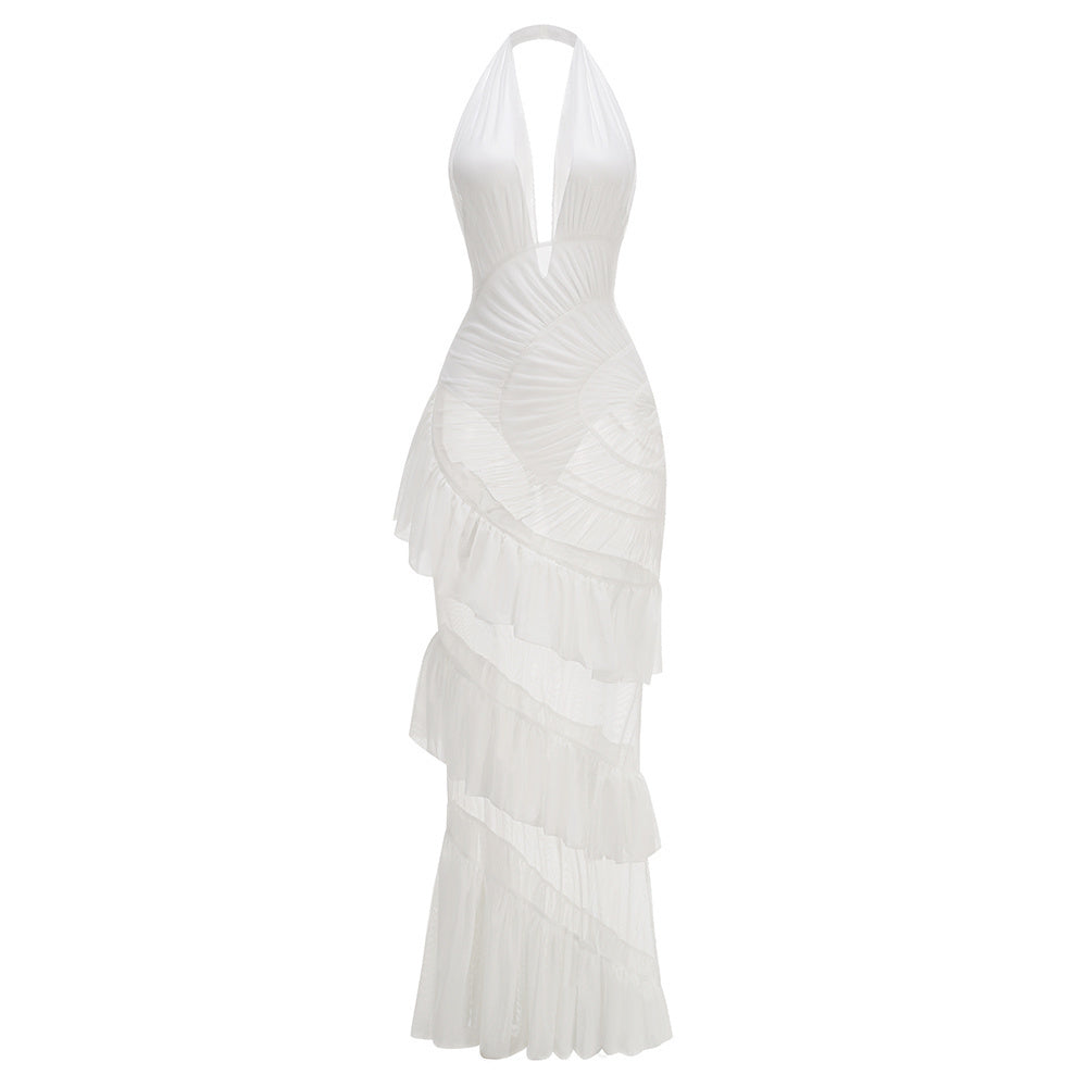 Spliced Ruffles Folds Elegant Long Dress