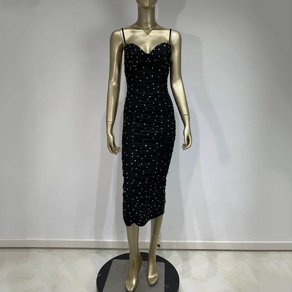 Italian Noodle Strap Black Diamond Draped Tight Midi Bandage Dress - REBECATHELABEL
