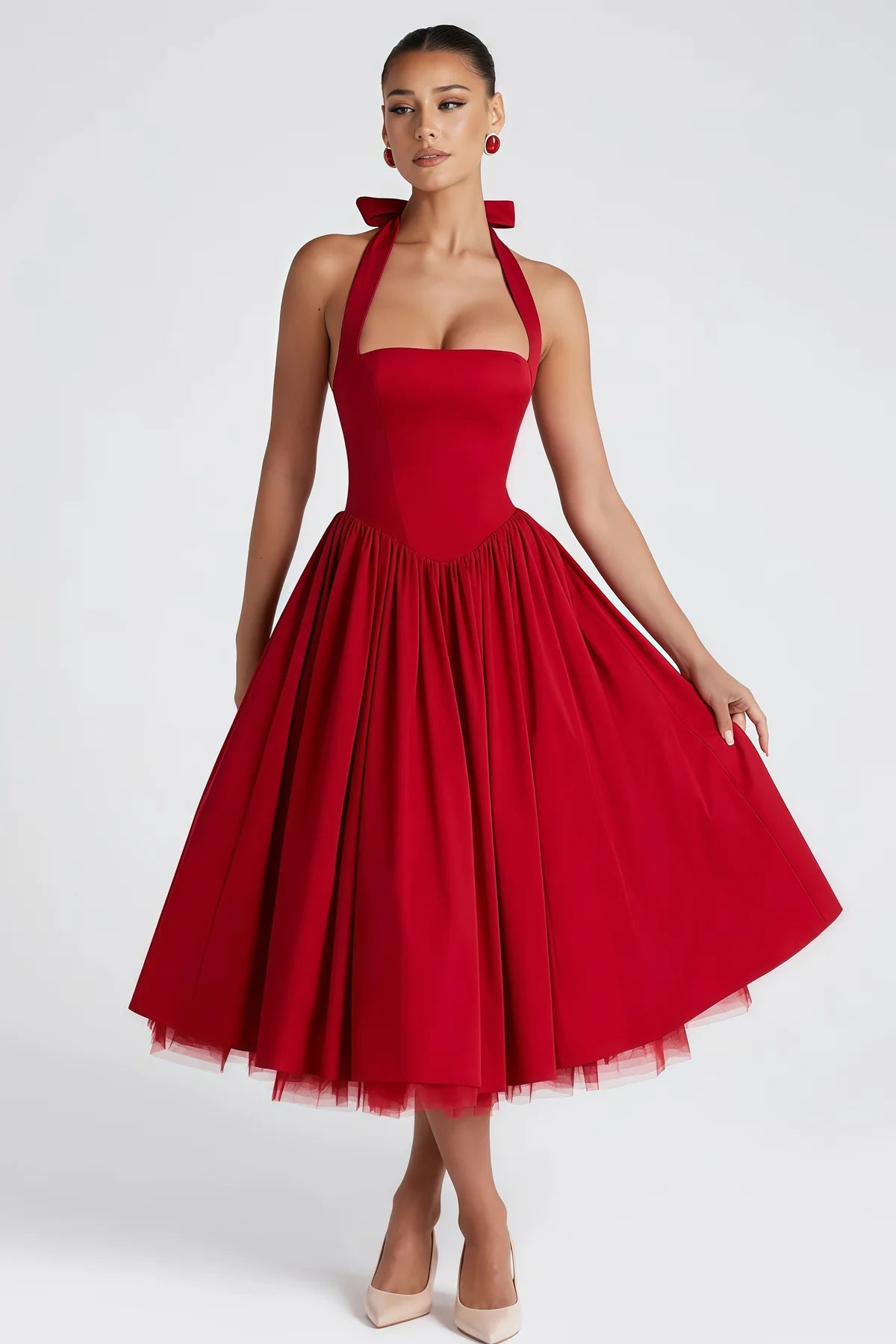 Red Layered Flared Hem Midi Dress