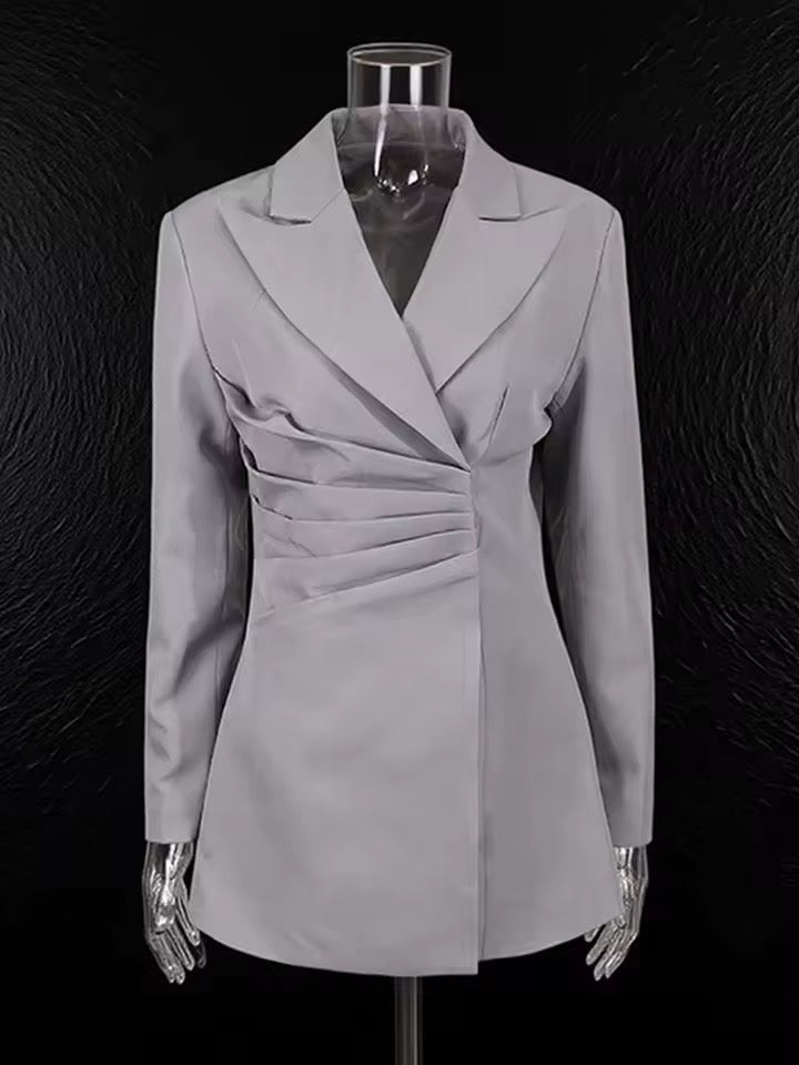 Hidden Button Grey Temperament Versatile Pleated Waist Cinched blazer