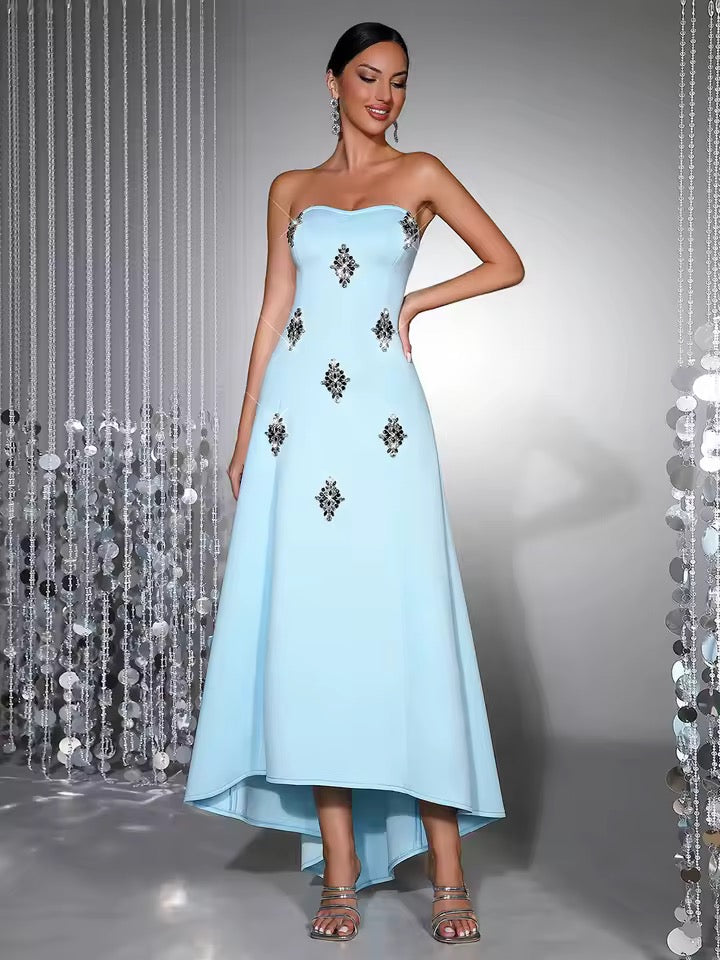 Solid Diamond Elegant Strapless Sleeveless High Waist Asymmetric Long Dress