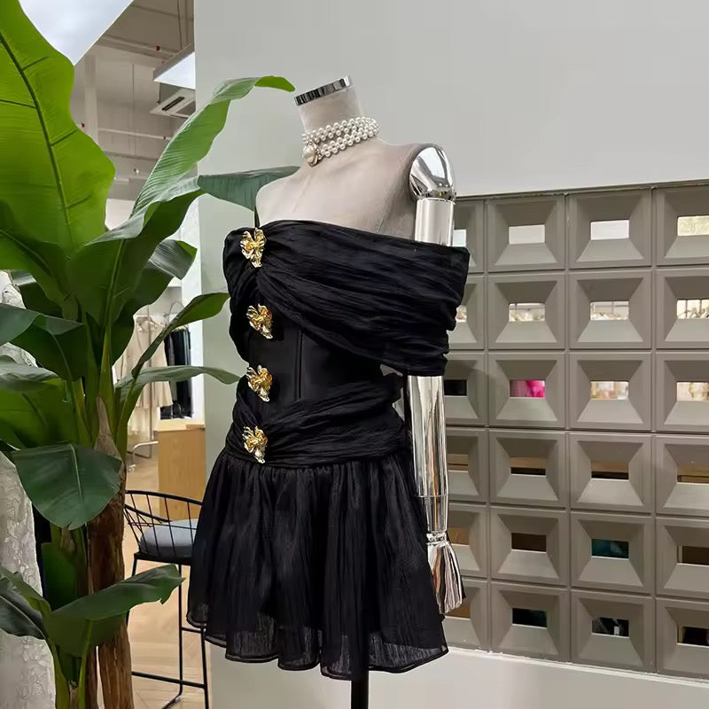 Off The Shoulder Sleeve Metal Buckle Patchwork Mini Dress