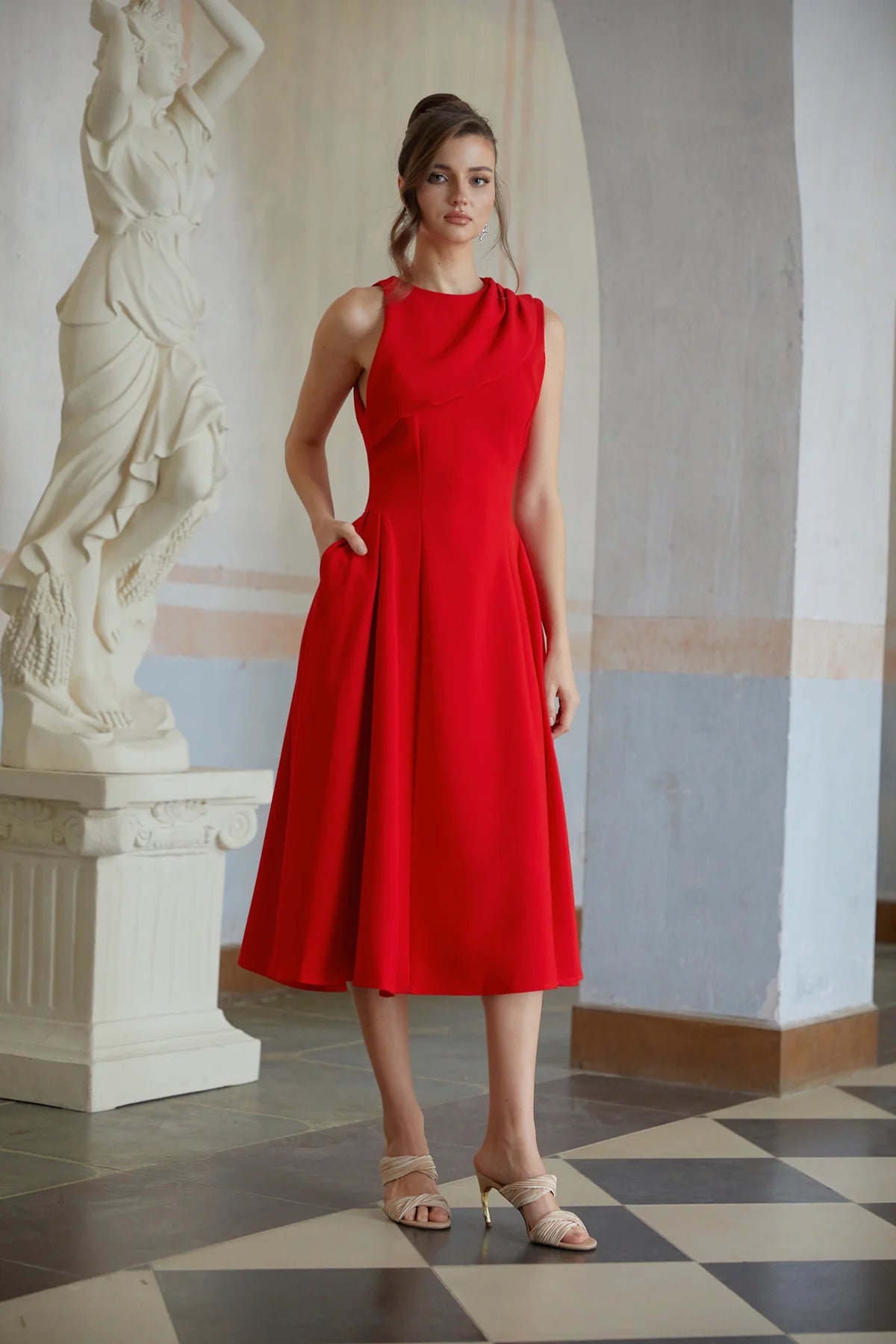 Red Shawl Collar Shirred Midi Dress