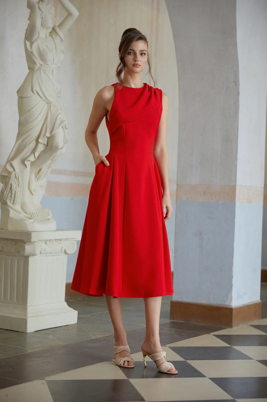 Red Shawl Collar Shirred Midi Dress