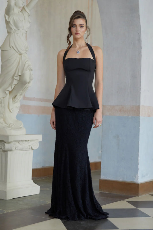 Black Halterneck Top & Lace Skirt Set