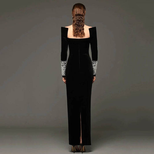 Square Neck Long Sleeve Diamond Tight Long Bandage - REBECATHELABEL