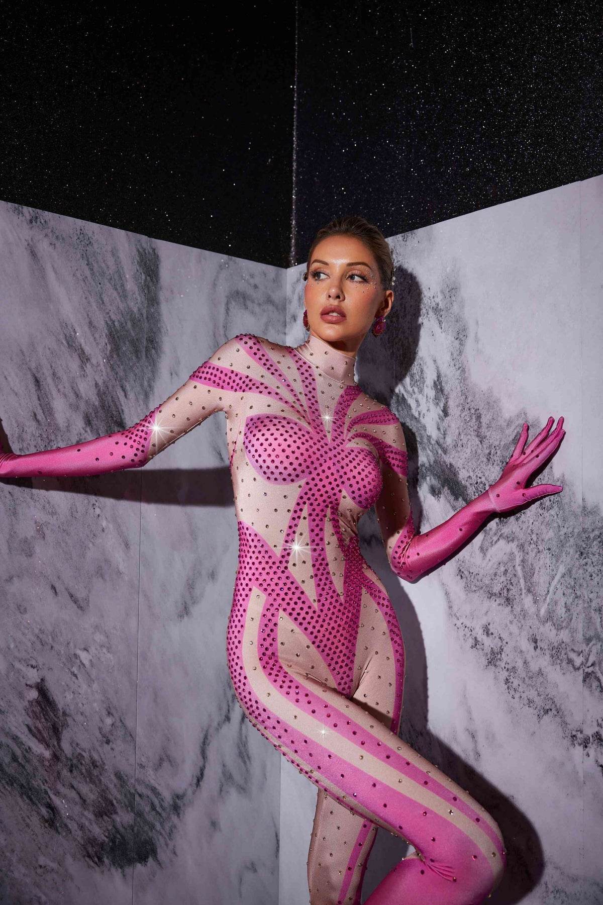 Rhinestone Printed Gloves Jumpsuit - REBECATHELABEL