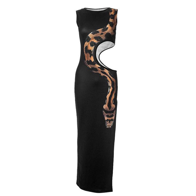 Side Waist Hollow Out Cutout Python Print Slim Fit Slit Maxi Dress - REBECATHELABEL