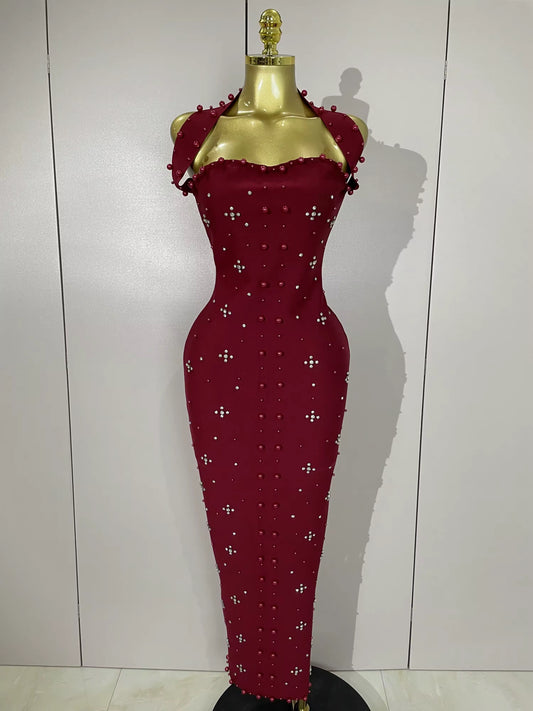 Sparkly Rhinestone Pearl Sleeveless Bodycon Bandage Long Dress