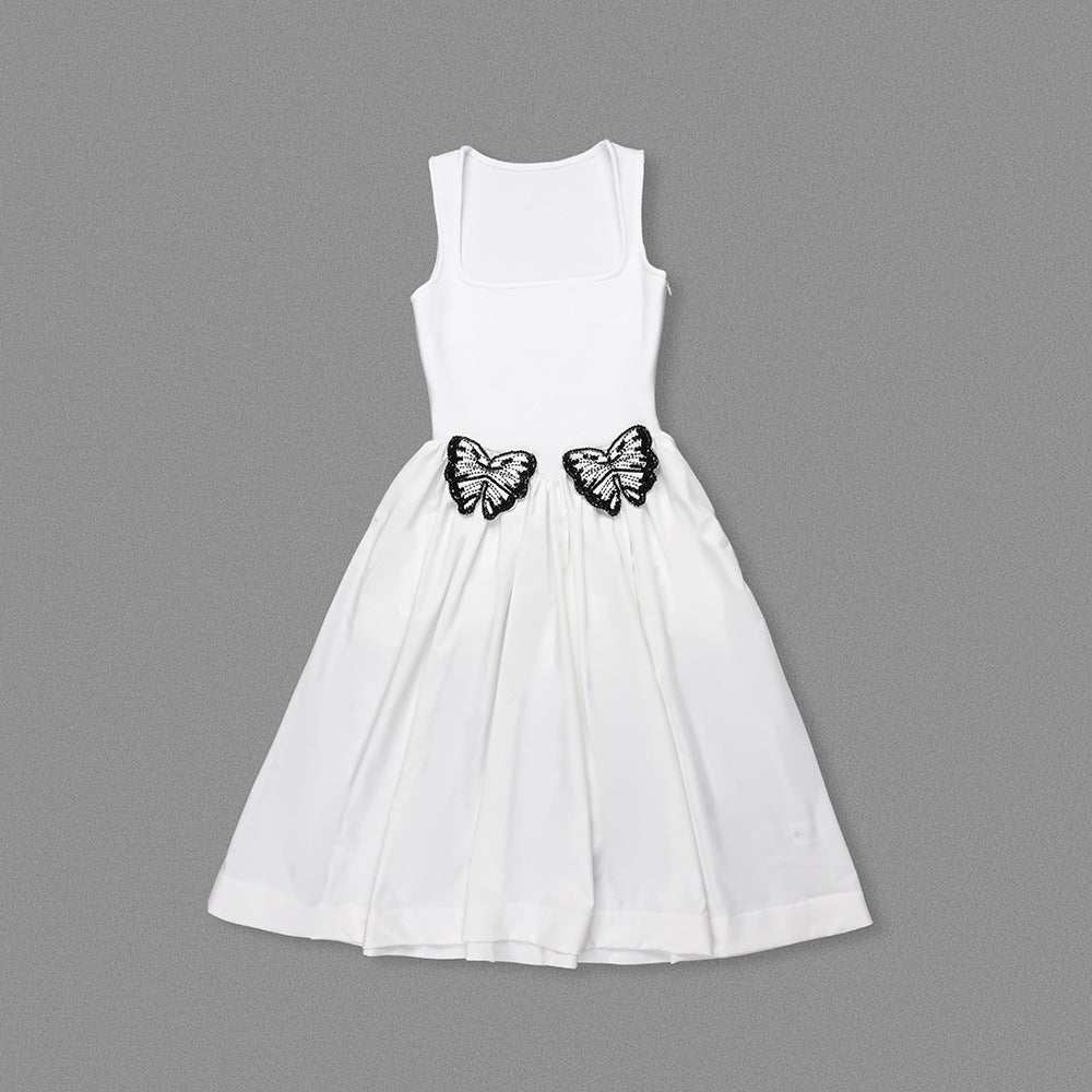 White Midi Dress With Butterfly - Embellished Square Collar Backless dress