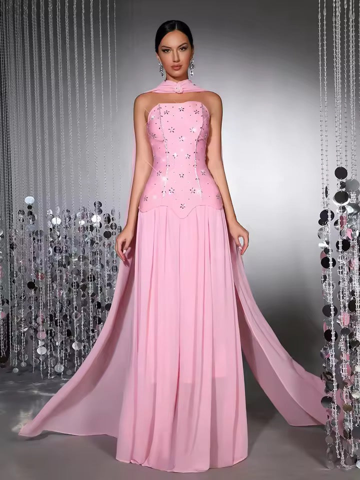 Diamond Strapless 2-piece Dress with Scarf Pink dress