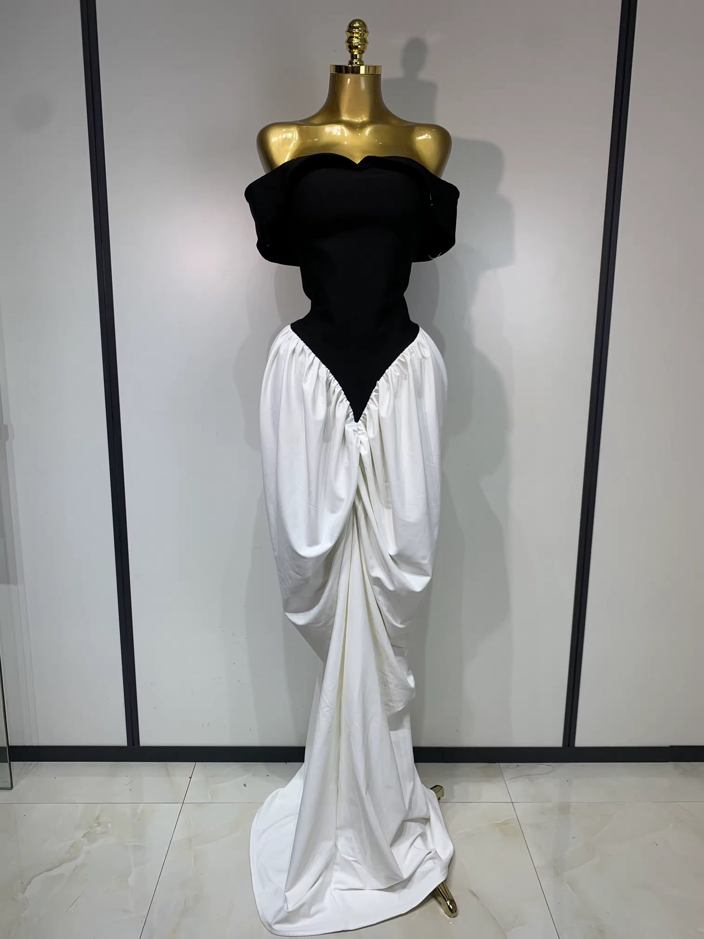 Off Shoulder Black And White Bandage Mermaid Long dress