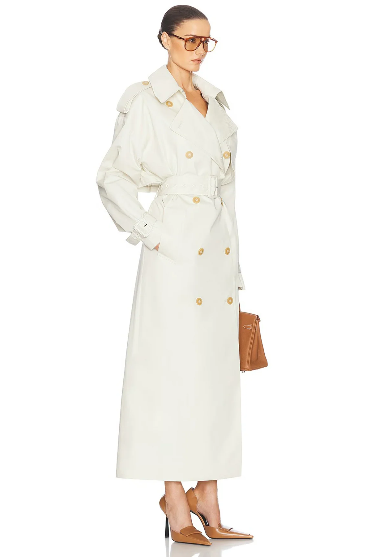 White Double-Breasted Long Trench Coat