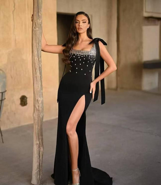 Spaghetti Straps Bow Rhinestones Mini Bandage Dress