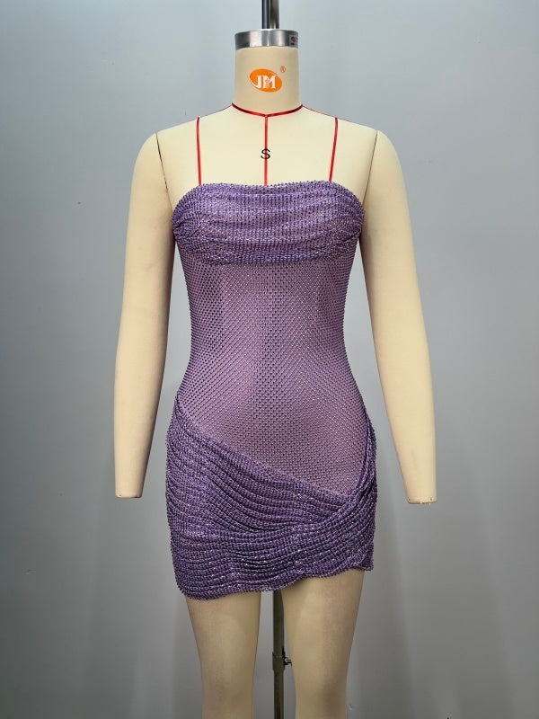 Rhinestones Fishnet Purple Strapless Pleated Backless Asymmetrical Mini dress