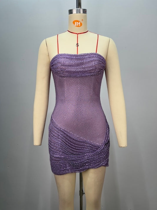 Rhinestones Fishnet Purple Strapless Pleated Backless Asymmetrical Mini dress