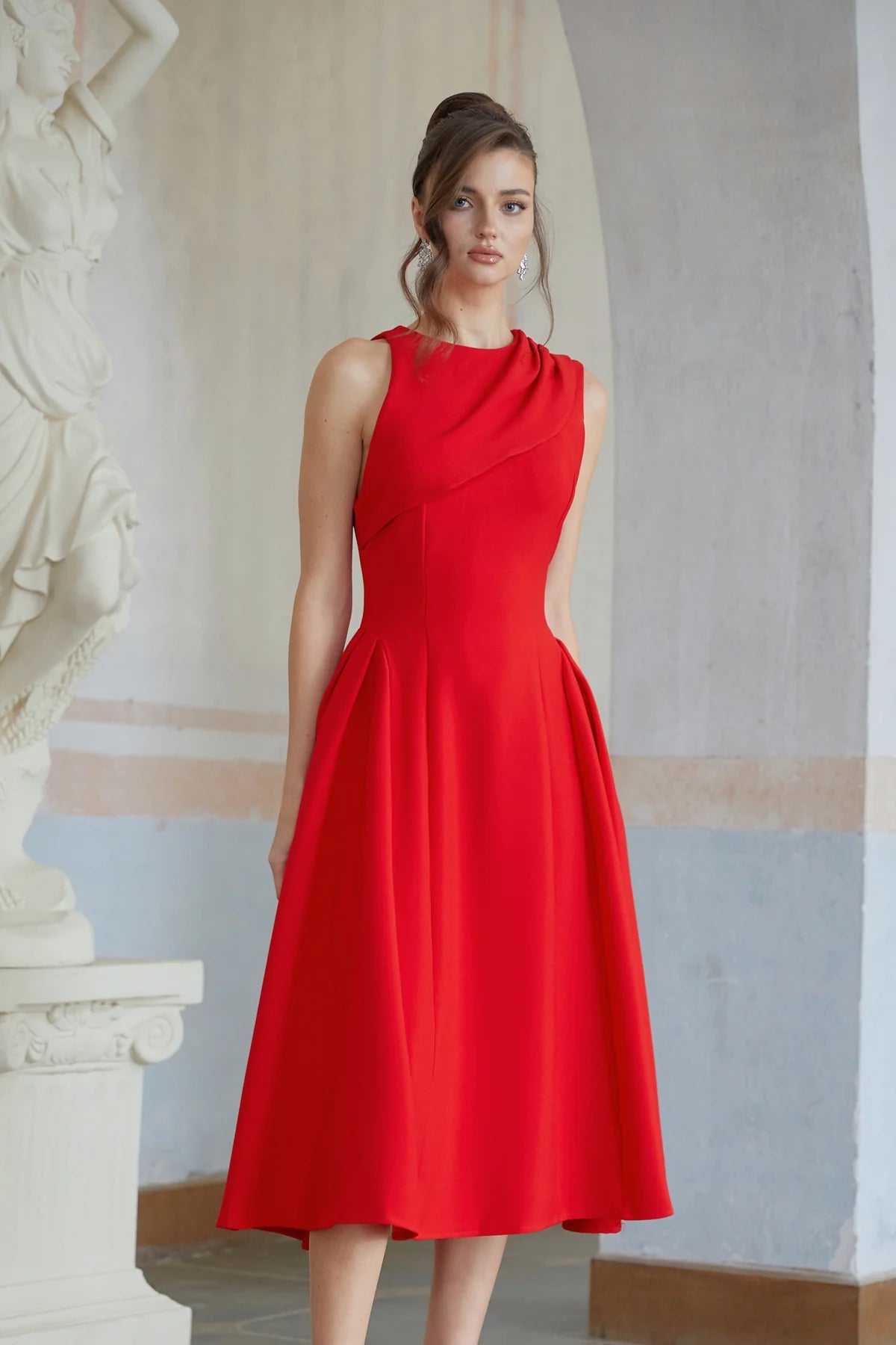 Red Shawl Collar Shirred Midi Dress