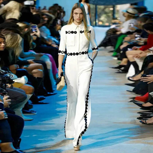 White Flip Collar Button Diamond Sexy Rayon Loose jumpsuit - REBECATHELABEL