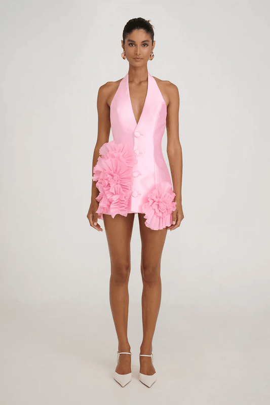 Pink Sexy 3D Flowers Halter Satin Short Dress - REBECATHELABEL