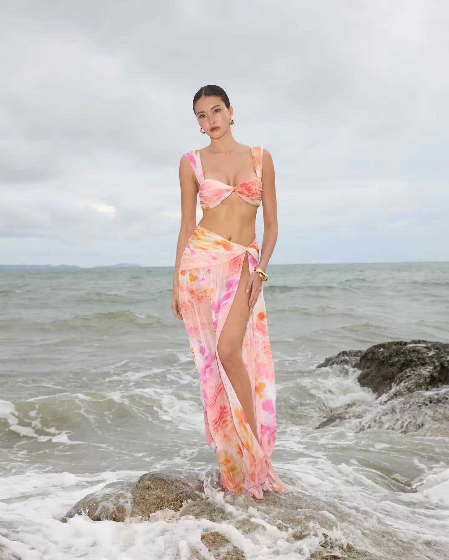 Ruched Print Cover Up Maxi Vestidos Holiday Beach set