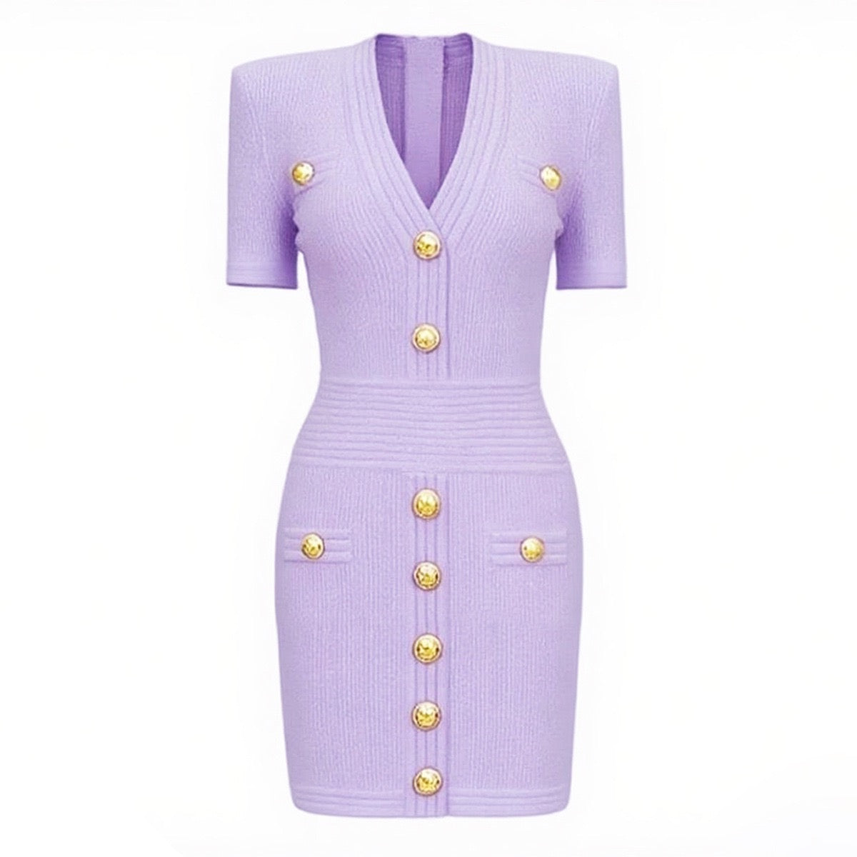 V-Neck Knitted Short Skirt With Rivet Buckle Short Sleeved dress