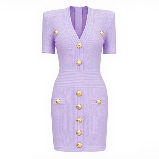 V-Neck Knitted Short Skirt With Rivet Buckle Short Sleeved dress