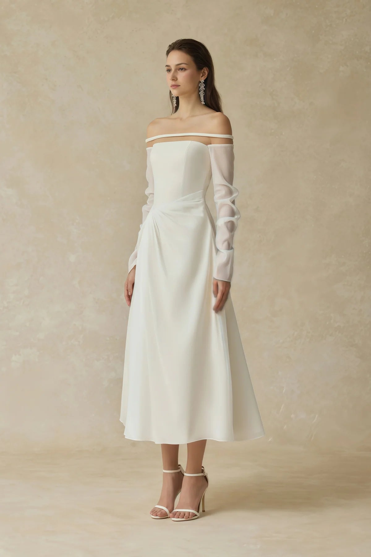 White Gathered Crepe Midi Dress