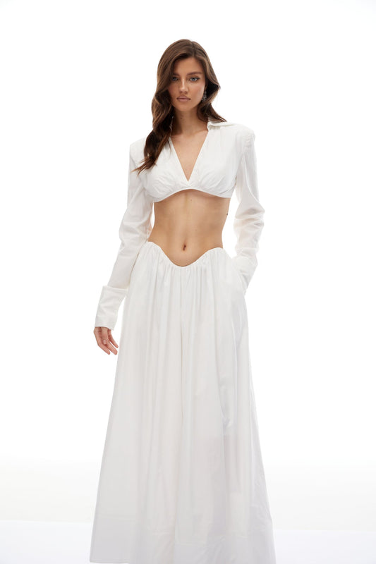 White Shirred Shirt & Skirt Set