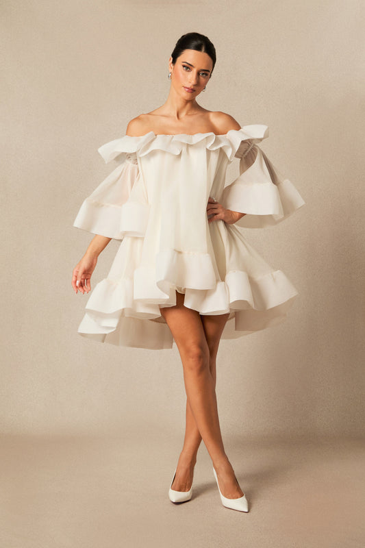 Off The Shoulder Sleeve Metal Buckle Patchwork Mini Dress