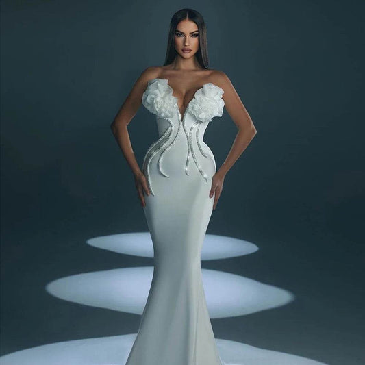 Mermaid Strapless Diamond Flower Maxi Bandage Dress - REBECATHELABEL