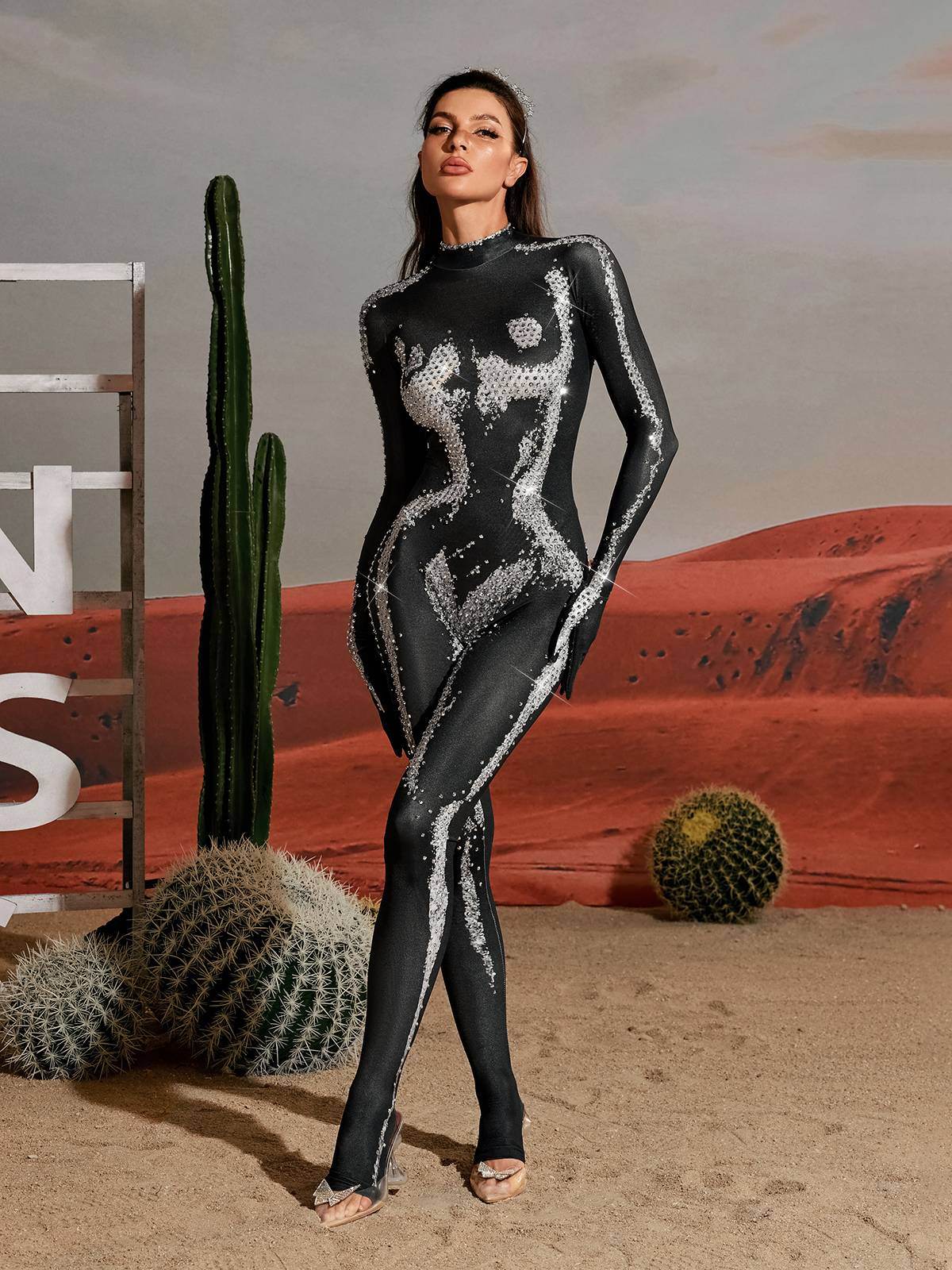 Body Printed Rhinestone Gloves Jumpsuit In silver - REBECATHELABEL