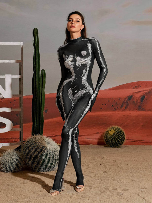 Body Printed Rhinestone Gloves Jumpsuit In silver - REBECATHELABEL