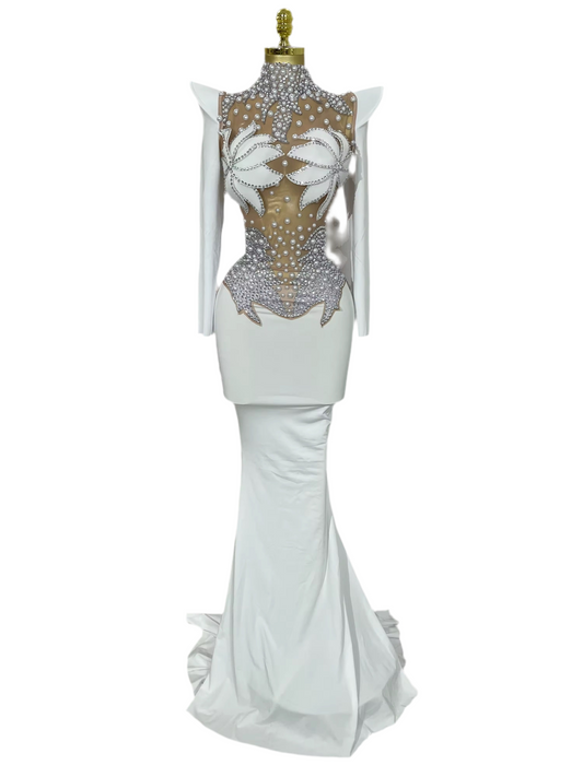 Sparkly Diamonds Pearl Black Sexy See Through Mesh Long Dress