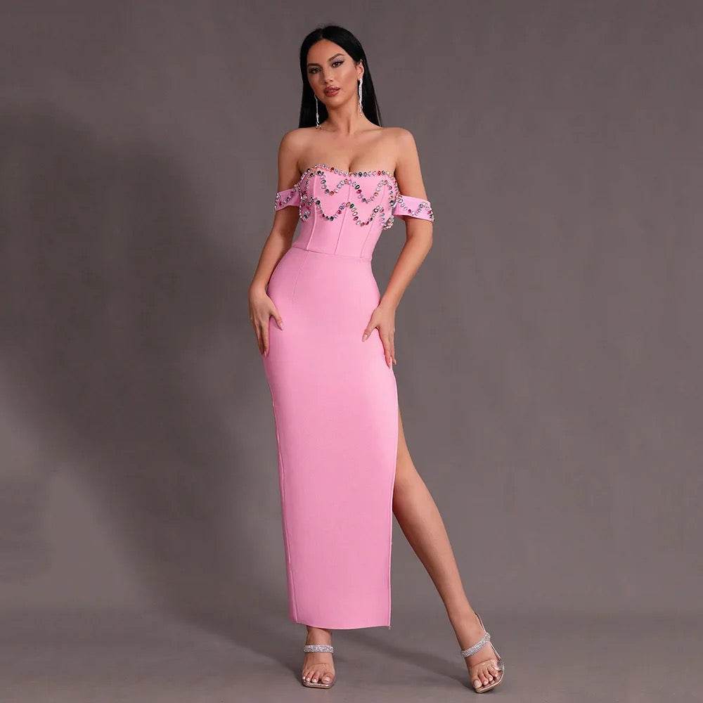 Pink Split Off Shoulder Diamond Long Bandage Ball Dress - REBECATHELABEL